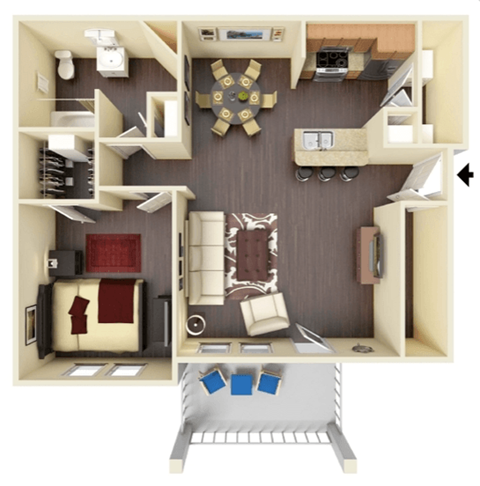 a stylized floor plan with a bedroom and living room